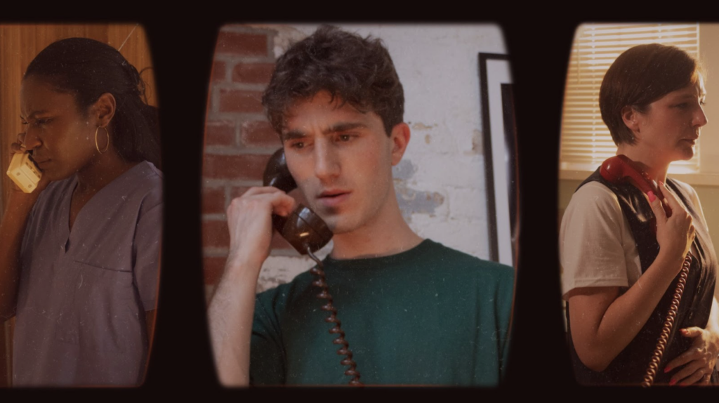 Image from Maura's film shows three protagonists on the phone in separate rooms.